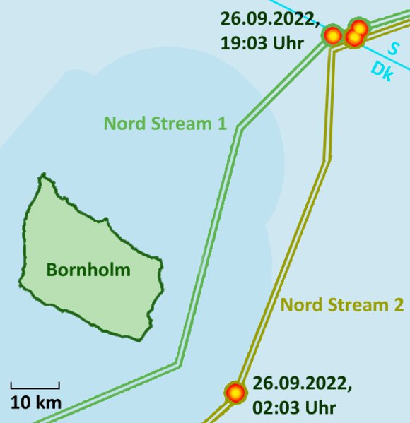 Location of the attacks on Nord Stream 1 & 2 26/9/22 . Graphic by  Lampel