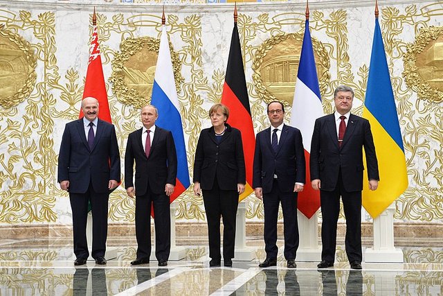 Leaders at Minsk 2 talks 2015. Left to right: Alexander Lukashenko, Belarus, Vladimir Putin, Russia, Anfela Merkel, Germany, Francois Hollande, France, Petro Poroshenko, Ukraine. Photo by Russian Press Office