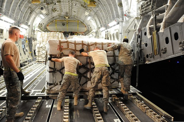May 2013: US aid being airlifted to so-called 'moderate' opposition forces in Syria.