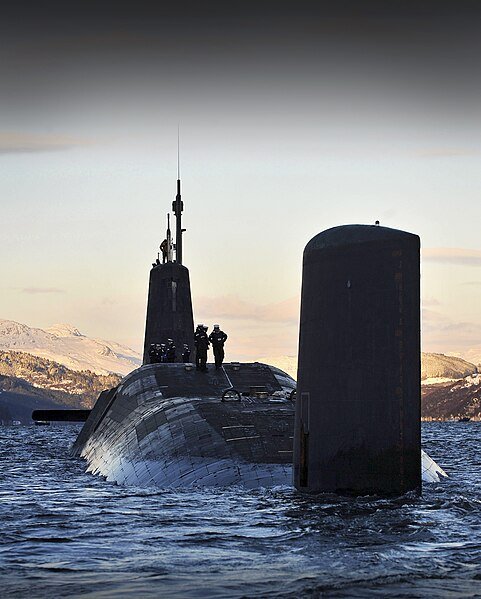 Vanguard submarine armed with Trident nuclear weapons returns to base at Faslane on the Clyde. photo Tam McDonald